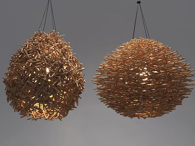 Handmade Natural Woven Twig Sphere Pendant Lights With Warm Glowing Interior 3d model