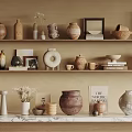 Elegant Decorative Ornament Sets With Clay Pots Vases Figurines Picture Frames And Books On Shelves