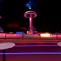 Modern Bar With Deep Blue Purple Lighting Starry Cosmic Ceiling Circular Neon Decorations And Seating