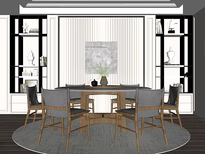 Modern Wooden Dining Table Set With Comfortable Chairs Display Cabinets Decorative Painting And Round Rug 3d model