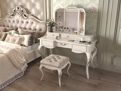 Elegant Ornate Dressing Table With Mirror And Upholstered Stool In Bedroom 3d model