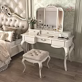 Elegant Ornate Dressing Table With Mirror And Upholstered Stool In Bedroom