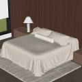 Modern Double Bed With Wooden Wall Table Lamp Window Grass View Gray Bedspread And Rug