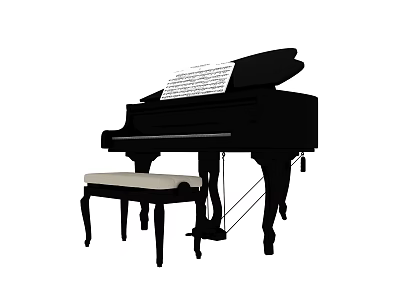 Elegant Black Grand Piano With Music Sheet And Wooden Piano Bench 3d model