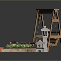 Outdoor Garden Decor With Wooden Swing Plant Pots Lantern And Crates
