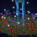 Blue Skinned Long Eared Humanoid With Braided Hair Interacting With Bioluminescent Sprite Like Creatures