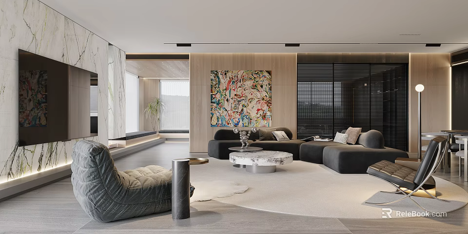 Modern Living and Dining Room Interior Design With Plush Sofas Large Artwork And Coffee Table Rug 3d model 