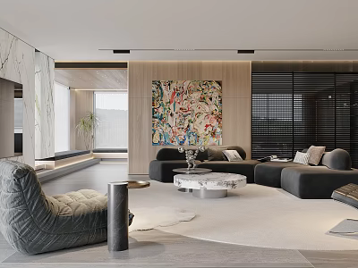 Modern Living and Dining Room Interior Design With Plush Sofas Large Artwork And Coffee Table Rug 3d model