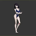 Anime Female Character With Purple Hair In Blue Swimsuit Standing On Gray Background