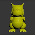 Orange Cartoon Dinosaur Toy Figure With Yellow Belly Red Body White Claws On Black Background