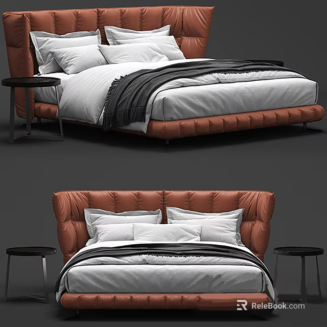 Double Bed With Leather Headboard White Pillows Black Blanket And Side Tables 3d model