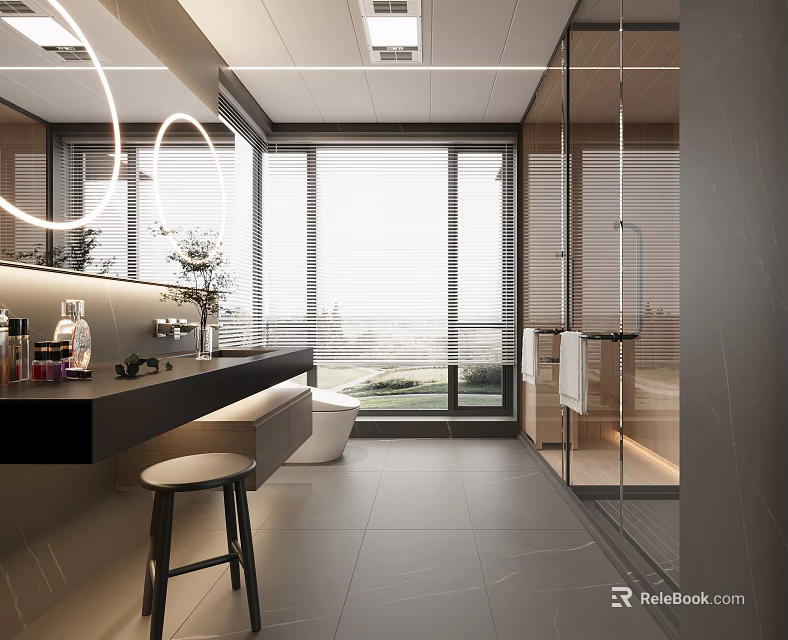 Modern Bathroom Interior With Double Round Mirrors Large Window Black Countertop Glass Shower Tile Floor 3d model 