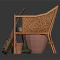 Wicker Sofa With Cushions Clay Pot Small Bucket Shovel Bottles And Banjo