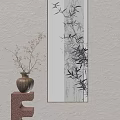 Chinese Style Botanical Painting of Bamboo with Ceramic Vase on Wall and Natural Decor