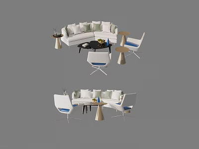 Modern Sofa And Coffee Table Set With White Cushions And Living Room Chairs 3d model