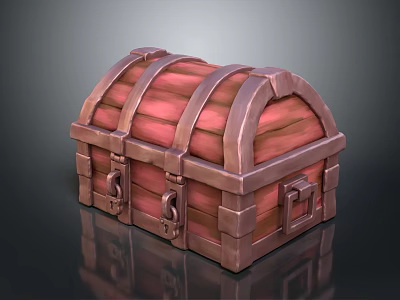 Vintage Wooden Treasure Chest With Curved Top Red Planks Metal Straps And Lock Clasps 3d model