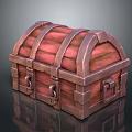 Vintage Wooden Treasure Chest With Curved Top Red Planks Metal Straps And Lock Clasps