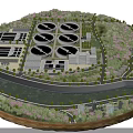 Aerial View of Wastewater Treatment Plant With Circular Ponds Green Vegetation And River