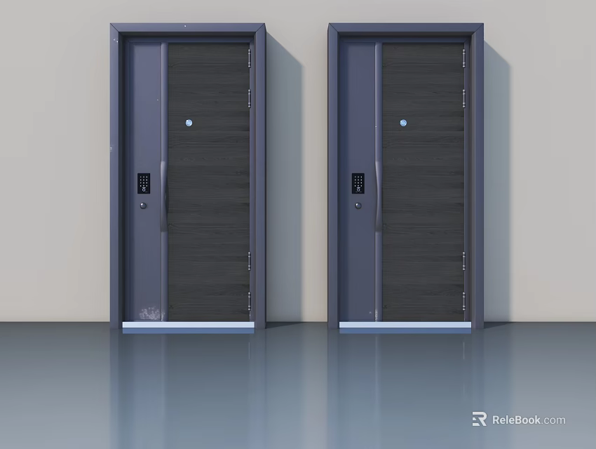 Modern Double Swing Doors With Dark Wood Texture And Metal Frames 3d model 