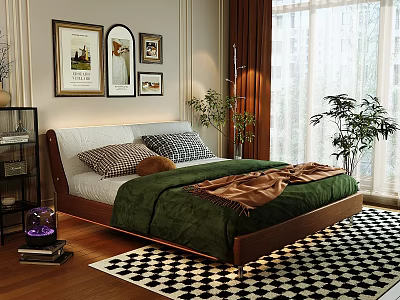 Double Bed With Brown Frame Green Quilt Checkered Pillows Plants And Black White Checkered Rug 3d model