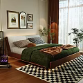 Double Bed With Brown Frame Green Quilt Checkered Pillows Plants And Black White Checkered Rug