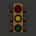 Orange Frame Traffic Light With Red Yellow Green Lights Isolated On Dark Background