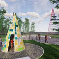 Landscape sketch art installation cone spiral abstract bamboo shoot shape vitality forest sketch color hemp rope woven metal frame pixelation 3d model