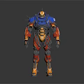 Game Movie Robot Character With Blue Orange Armor And Spiked Mechanical Design