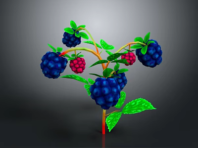 Fresh Ripe Berries With Green Leaves On Red Branch Against Gray Background 3d model
