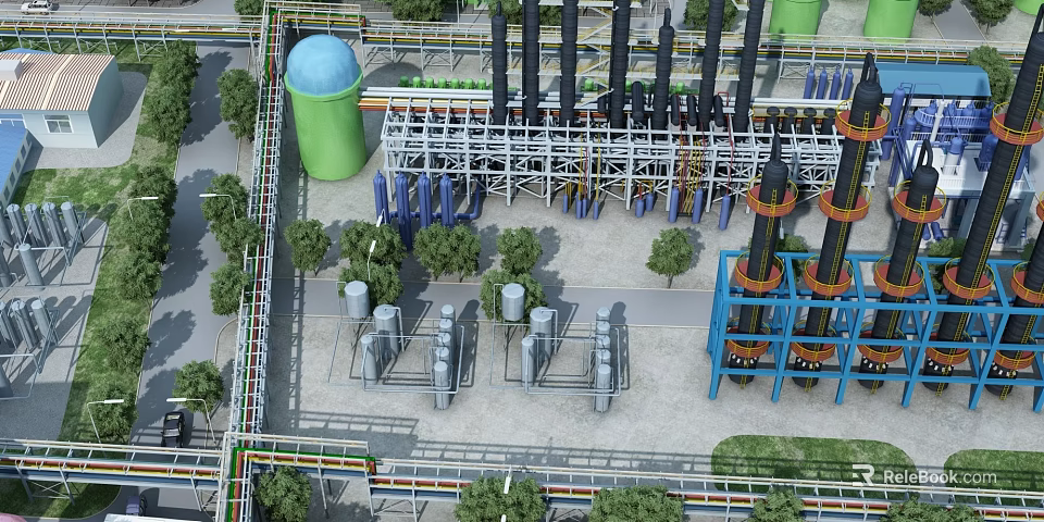 Industrial Plant With Green Water Tower Black Tall Towers Pipes Metal Structures And Surrounding Trees 3d model 