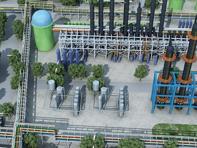 Industrial Plant With Green Water Tower Black Tall Towers Pipes Metal Structures And Surrounding Trees 3d model