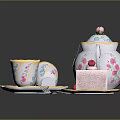 Elegant White And Pink Tea Set With Rose Patterns Teapot Teacups Saucers And Strawberry Cake