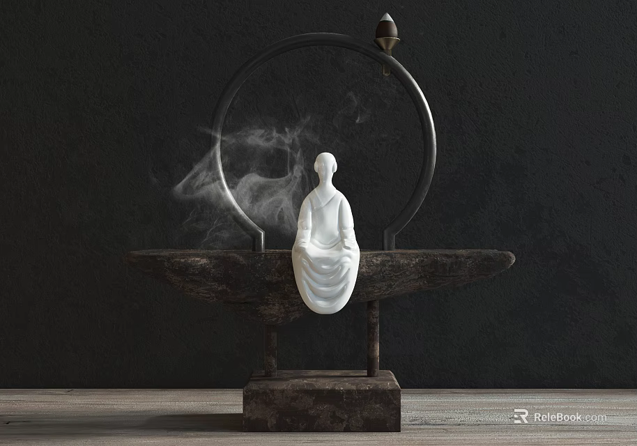Decorative Ornament Set Featuring White Buddha Statue Stone Base Metal Ring And Smoke 3d model 