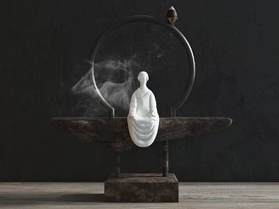Decorative Ornament Set Featuring White Buddha Statue Stone Base Metal Ring And Smoke 3d model