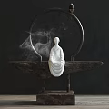 Decorative Ornament Set Featuring White Buddha Statue Stone Base Metal Ring And Smoke