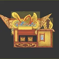 Cartoon Scene of Traditional Decorated Pavilion with Yellow Red Roof and Floral Patterns Wooden Pillar