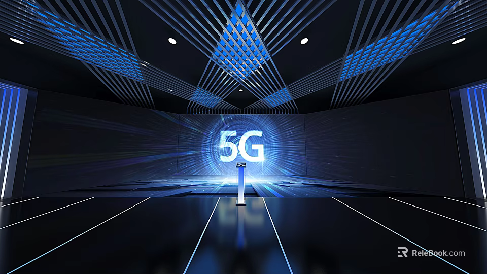 5G Technology Display With Blue Lighting And Geometric Ceiling Design 3d model 