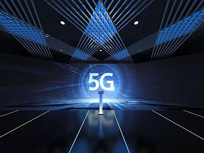 5G Technology Display With Blue Lighting And Geometric Ceiling Design 3d model
