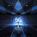 5G Technology Display With Blue Lighting And Geometric Ceiling Design