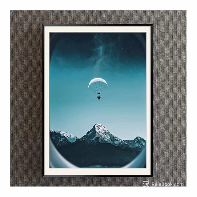 Scenic Circular Framed Landscape Painting With Milky Way Blue Sky Parachutist And Snowy Peaks 3d model 