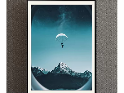Scenic Circular Framed Landscape Painting With Milky Way Blue Sky Parachutist And Snowy Peaks 3d model