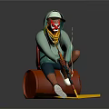 Game Film Character in Green Hoodie With Clown Makeup Holding Rifle Sitting on Red Barrel