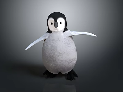 Cute Black And White Penguin Plush Toy With Outstretched Wings Standing On Gray Background 3d model