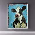 Animal Painting of Cow Holding Red Tulip Beach with Blue Sky White Clouds Little Kitten
