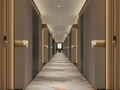 Spacious Modern Hotel Corridor With Patterned Carpet Warm Recessed Lighting And Wooden Doors 3d model