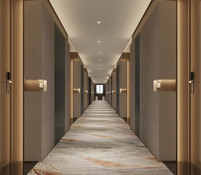 Spacious Modern Hotel Corridor With Patterned Carpet Warm Recessed Lighting And Wooden Doors 3d model