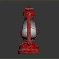 Antique Red Kerosene Lantern With Metal Frame And Glass Shade On Dark Background
