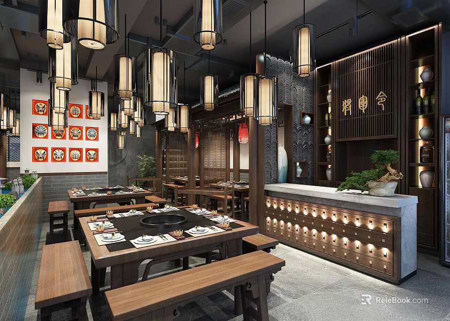 Chinese Style Hot Pot Restaurant Interior With Traditional Lanterns Wooden Tables And Bench Seats 3d model 