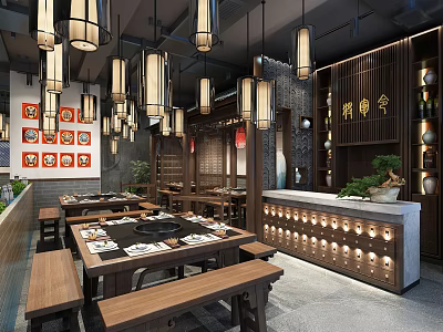Chinese Style Hot Pot Restaurant Interior With Traditional Lanterns Wooden Tables And Bench Seats 3d model