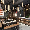 Chinese Style Hot Pot Restaurant Interior With Traditional Lanterns Wooden Tables And Bench Seats